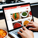 **Online Chinese Grocery Shopping:** Close-up shot of a person's hands selecting ingredients (spices, noodles, sauces) from an online store on a laptop. The background shows a clean, modern kitchen. Focus on vibrant colors and fresh-looking ingredients.