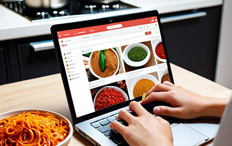 **Online Chinese Grocery Shopping:** Close-up shot of a person's hands selecting ingredients (spices, noodles, sauces) from an online store on a laptop. The background shows a clean, modern kitchen. Focus on vibrant colors and fresh-looking ingredients.