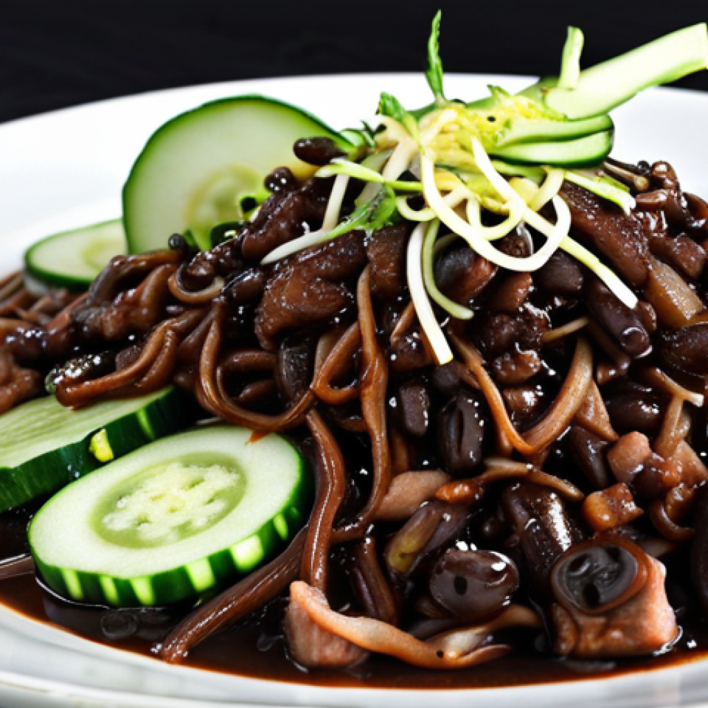 A close-up shot of *Jajangmyeon*, highlighting the black bean sauce (*Chunjang*) noodles with diced pork, zucchini, and onions, topped with sliced cucumber.