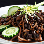 A close-up shot of *Jajangmyeon*, highlighting the black bean sauce (*Chunjang*) noodles with diced pork, zucchini, and onions, topped with sliced cucumber.