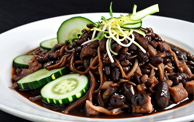 A close-up shot of *Jajangmyeon*, highlighting the black bean sauce (*Chunjang*) noodles with diced pork, zucchini, and onions, topped with sliced cucumber.
