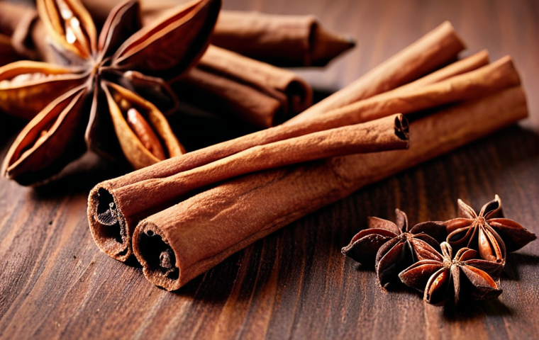 **

A close-up shot of star anise and cinnamon sticks, highlighting their textures and aromatic qualities, with subtle lighting to emphasize depth.

**