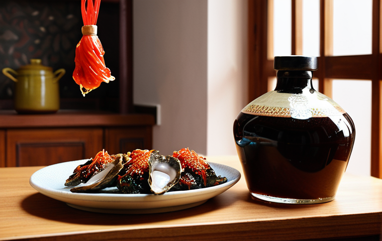 **Image Prompt 1:** A vibrant, artfully arranged collection of traditional Chinese sauces. Showcase various types: a clear, amber light soy sauce (生抽) in a elegant glass bottle, a viscous, dark brown dark soy sauce (老抽) in a ceramic jar, a rich, reddish-brown Doubanjiang (豆瓣酱) with visible chili flakes, a glossy, deep black Chunjang (춘장), and a bottle of oyster sauce. The background subtly hints at a traditional Chinese kitchen or pantry, emphasizing authenticity and depth. The lighting is warm and inviting, highlighting the textures and rich colors of the sauces.